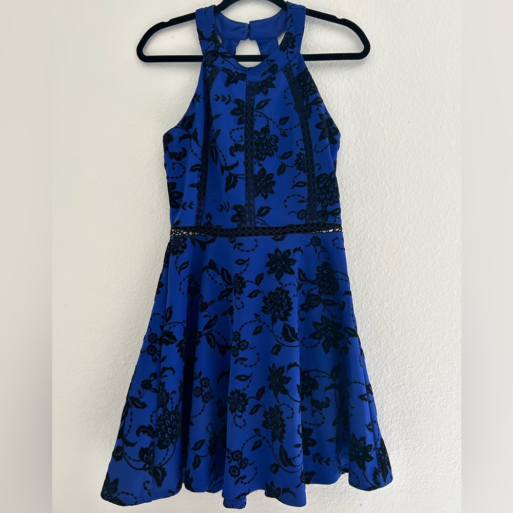 Elegant Royal Blue and Black Floral Dress